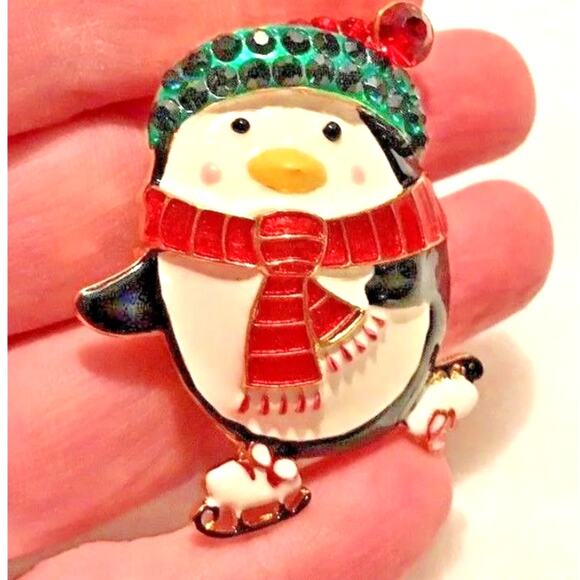 Whimsical Christmas brooch skating penguin pin pendant #2013FL rhinestone enamel